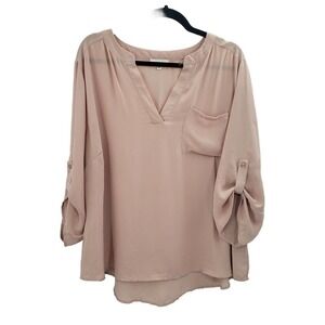 Adrienne Vittadini Pink Blush Blouse Women Size 2x Roll Tab Sleeve V Neck Pocket
